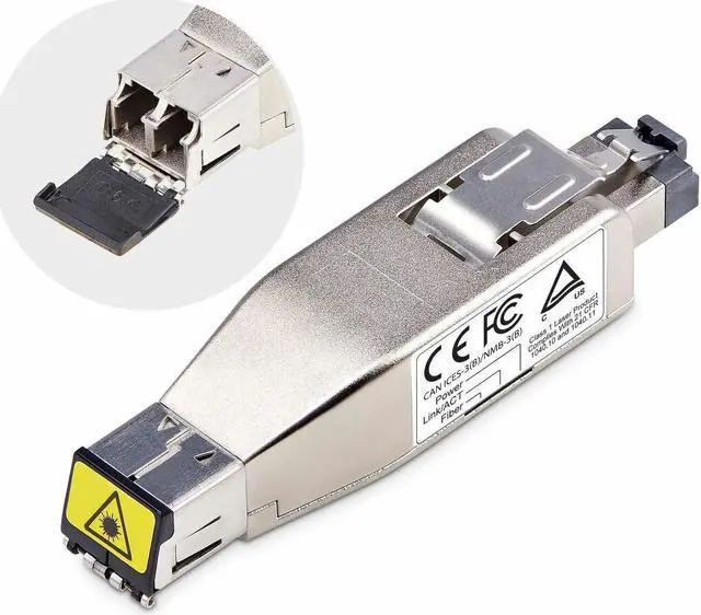 Main image of StarTech Gigabit Fiber to RJ45 Ethernet Media Converter Dongle, Optical Singlemode 10km/Multimode 800m, PoE Powered, Compact Design, Metal Housing, Micro Mini, TAA (D01ML55P-FIBER-MEDIA)