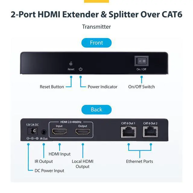 Alt view image 2 of 4 - StarTech 2-Port HDMI Extender and Splitter Over CAT6, 4K 60Hz, Up to 230ft (70m), 1x2 HDMI over Ethernet Distribution Kit with IR and Power Over Cable, 4K7012IC-EXTEND-HDMI
