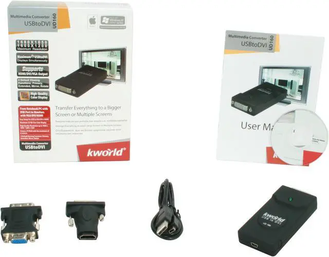 Alt view image 5 of 5 - KWORLD USB to DVI/VGA/HDMI Video Adapter UD160 1680 x 1050 USB 2.0 Interface