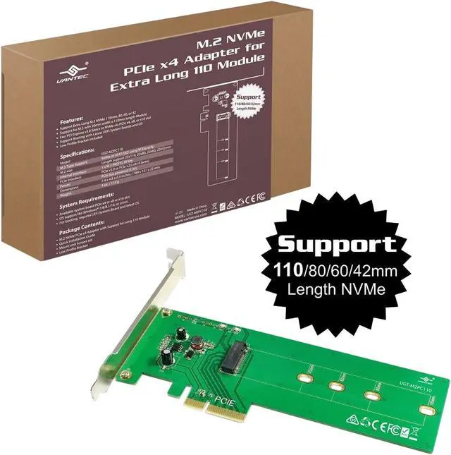 Alt view image 6 of 6 - VANTEC UGT-M2PC110 M.2 NVMe PCIe X4 Adapter For Extra Long 110mm Module