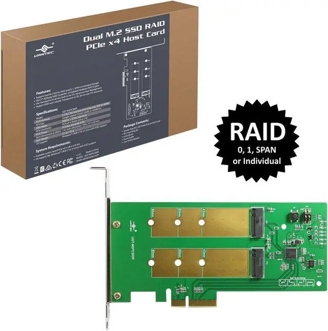Alt view image 7 of 7 - VANTEC UGT-M2PC300R Dual M.2 SSD RAID PCIe X4 Host Card
