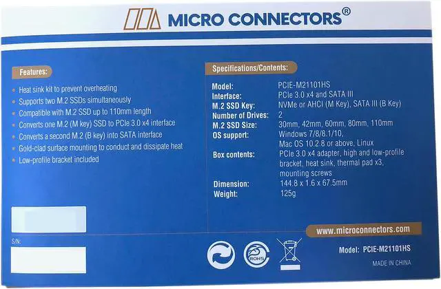 Alt view image 5 of 5 - Micro Connectors M.2 NVMe + M.2 SATA 110mm SSD PCIe x4 Adapter with Heat Sink Model PCIE-M21101HS