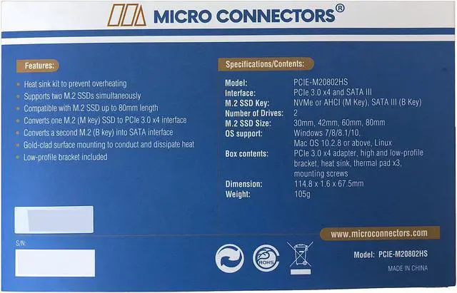 Alt view image 5 of 5 - Micro Connectors M.2 NVMe + M.2 SATA 80mm SSD PCIe x4 Adapter with Heat Sink Model PCIE-M20802HS