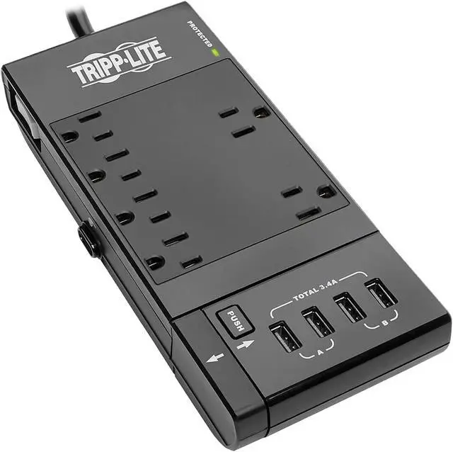 Main image of Tripp Lite Protect It! 6-Outlet Surge Protector, 4 USB Ports, 6.0 Feet Cord, 1080 Joules, Diagnostic LED, Black Housing (TLP66USBR)