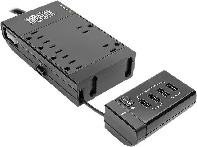 Alt view image 2 of 9 - Tripp Lite Protect It! 6-Outlet Surge Protector, 4 USB Ports, 6.0 Feet Cord, 1080 Joules, Diagnostic LED, Black Housing (TLP66USBR)
