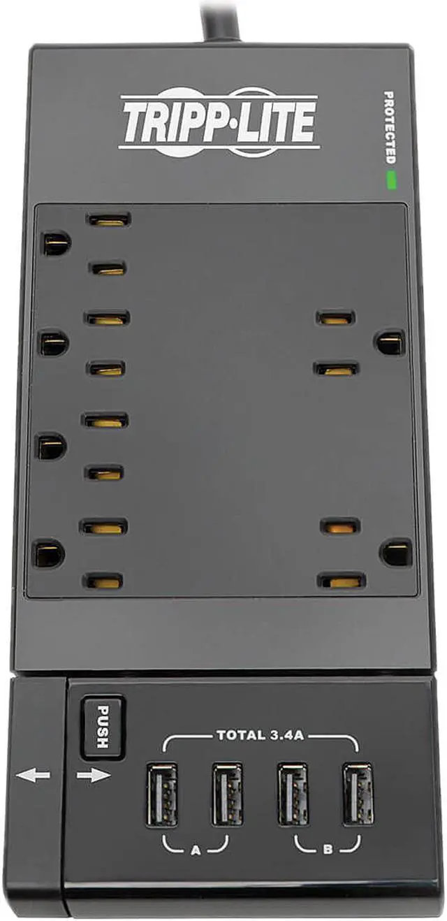 Alt view image 5 of 9 - Tripp Lite Protect It! 6-Outlet Surge Protector, 4 USB Ports, 6.0 Feet Cord, 1080 Joules, Diagnostic LED, Black Housing (TLP66USBR)