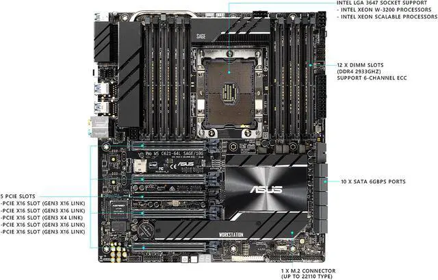 Alt view image 4 of 5 - ASUS Pro WS C621-64L SAGE/10G Intel LGA 3647 CEB Workstation Motherboard with Dual Intel 10G LAN and Support for 4 GPUs, 12 DIMMs, 10 SATAs, M.2, USB 3.2 Gen 2