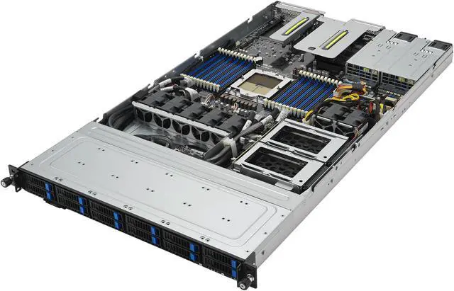 Main image of ASUS RS500A-E12-RS12U 1U server barebone, AMD EPYC™ 9004 single-processor 1U server that supports up to 24 DIMM, 16 NVMe, three PCIe® 5.0 slots, two M.2, OCP 3.0, two single-slot GPUs.