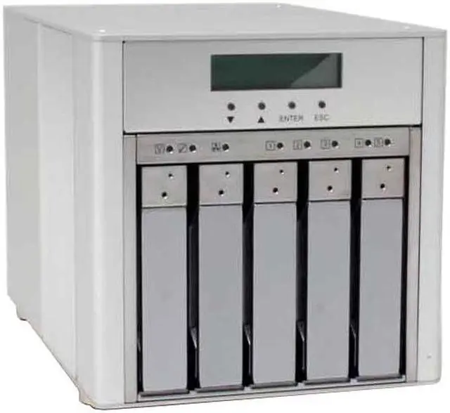 Main image of SANS DIGITAL MR5CT1 0, 1, 0+1, 3, 5, 6, JBOD 5 3.5" Drive Bays USB 2.0 , Firewire 800 and eSATA 5 Bay SATA to USB2.0 / 1394b / eSATA RAID 6 Enclosure