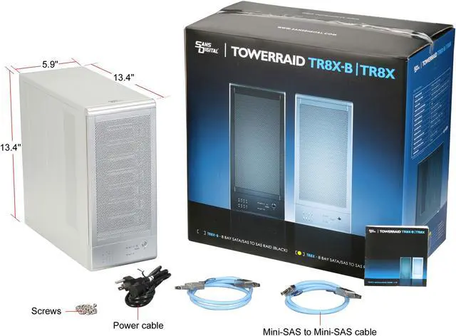 Alt view image 9 of 9 - SANS DIGITAL TR8X JBOD (RAID Supported via Controller Card) 8 3.5" Drive Bays 2 x Mini-SAS (SFF-8088) TowerRAID 8 Bay SAS / SATA JBOD Storage Enclosure (Silver)