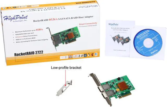 Alt view image 5 of 5 - HighPoint RocketRAID 2722 PCI-Express 2.0 x8 Low Profile SATA / SAS RAID Controller Card