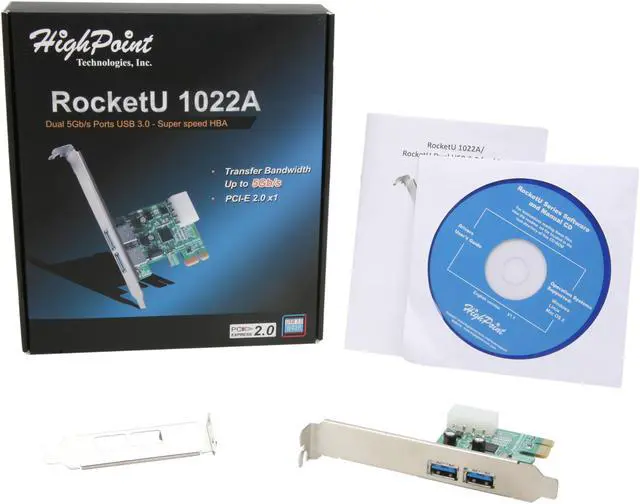 Alt view image 6 of 6 - HighPoint RocketU 1022A PCI-Express 2.0 x1 Low Profile USB 3.0 HBA Controller Card