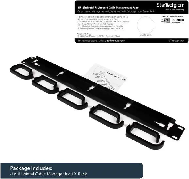 Alt view image 3 of 5 - StarTech.com CABLMANAGER2 1U 19in Metal Rackmount Cable Management Panel