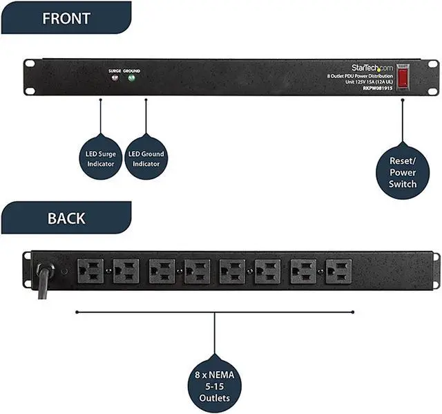 Alt view image 2 of 7 - StarTech.com RKPW081915 Rackmount PDU with 8 Outlets with Surge Protection - 19 in Power Distribution Unit - 1U