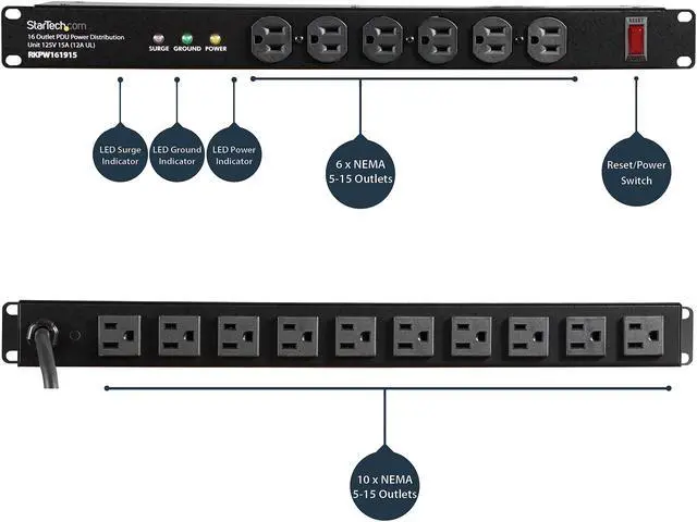 Main image of StarTech.com RKPW161915A 19in 1U Rackmount 16 Outlet PDU Power Distribution Unit 125V 15A (12A UL)