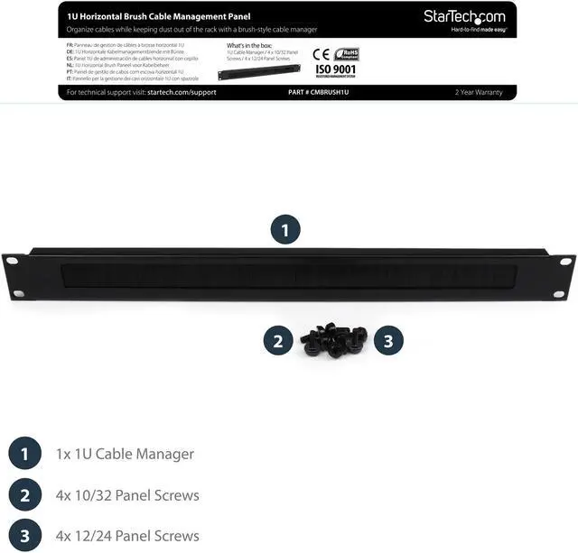 Alt view image 3 of 5 - StarTech.com CMBRUSH1U 1U Brush Strip Horizontal Server Rack Cable Management Panel
