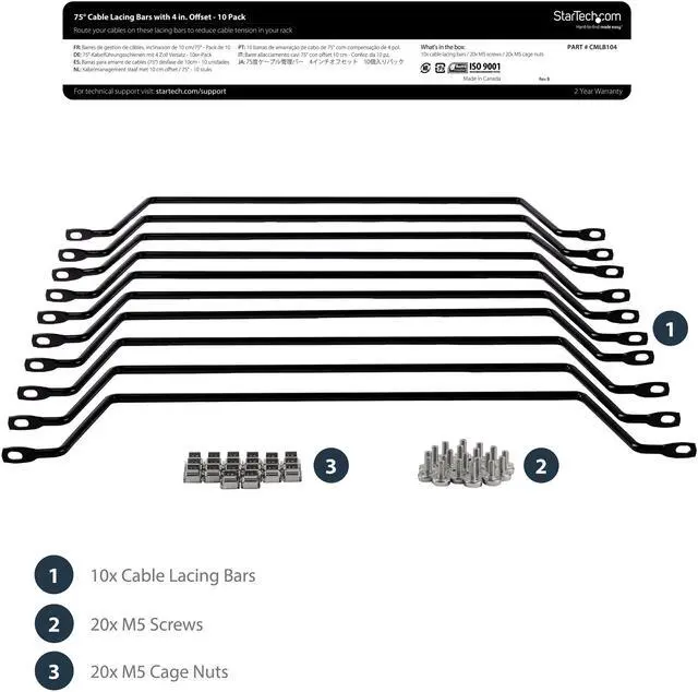 Alt view image 3 of 5 - StarTech.com Cable Lacing Bar - 10 Pack - Steel - Horizontal Cable Management Bar -  Rack Cable Organizer - Cable Lacing Tool