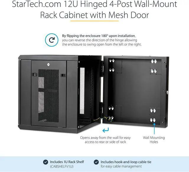 Alt view image 7 of 8 - StarTech.com  4-Post 12U Wall Mount Network Cabinet with 1U Shelf, 19" Hinged Wall-Mounted Server Rack for Data / AV / Electronics / Computer Equipment, Flexible Vented Rack Enclosure