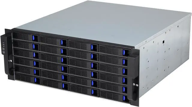 Main image of NORCO DS-24E 24 3.5" Drive Bays One SFF-8088 "IN" connector for connection to the host, two SFF-8088 "OUT" connectors for expansion to an additional JBOD enclosure External 4U 24 Bay 6G SAS/SATA Expander Rackmount RAID / JBOD Enclosure