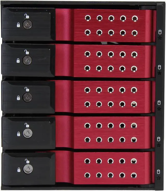 Alt view image 2 of 6 - iStarUSA BPN-DE350SS-RED 3 x 5.25" to 5 x 3.5" SAS/SATA 6.0 Gb/s Trayless Hot-Swap Cage