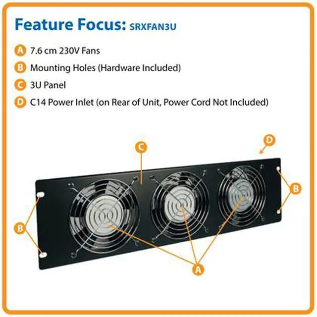 Alt view image 2 of 2 - TRIPP LITE SRXFAN3U 3U Fan Panel, 230V (3 high-performance fans; 210 CFM; C14 inlet)