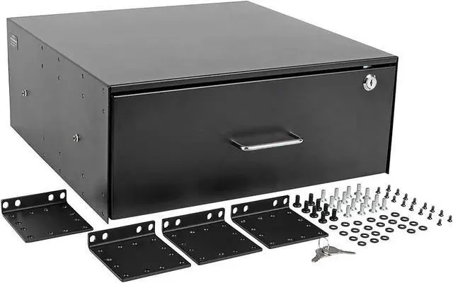 Alt view image 8 of 9 - 4U drawer mounts in EIA-standard 19 in. 2-post rack to store tools, notes, cables, computer discs and other essential rack equipment accessories up to 50 lb