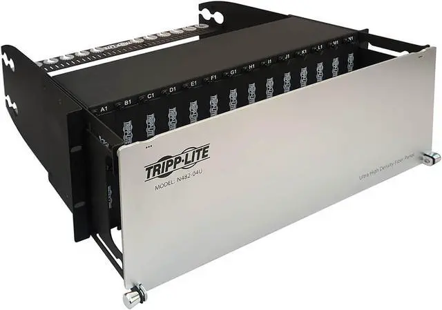 Main image of Tripp Lite Enclosure for 28 High-Density Fiber Cassettes, 4U Rack Mount Patch Panel, 10 Gb, 40 Gb and 100/120 Gb Equipment, Up to 336 Duplex LC Ports (N482-04U)