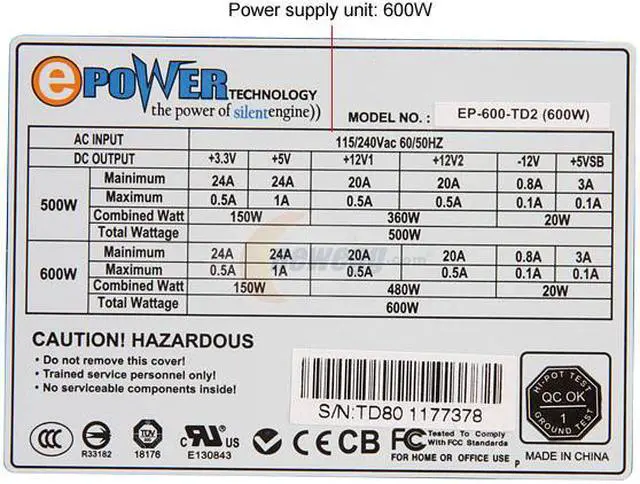 Alt view image 5 of 10 - ePOWER EP-600-TD2 600 W ATX12V Power Supply