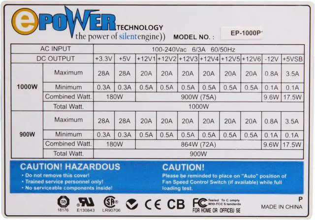 Alt view image 5 of 7 - ePOWER EP-1000SC 1000 W ATX 12V 2.0-2.2 / EPS 12V SLI Ready CrossFire Ready Modular Power Supply - OEM