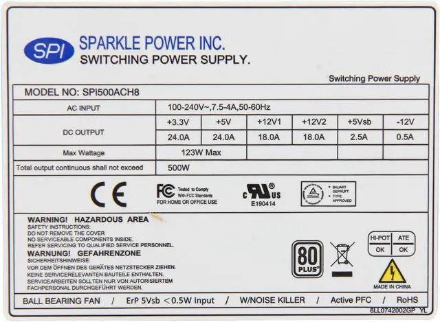 Alt view image 6 of 7 - SPARKLE SPI500ACH8-B204 500 W ATX12V 80 PLUS Certified Active PFC Power Supply