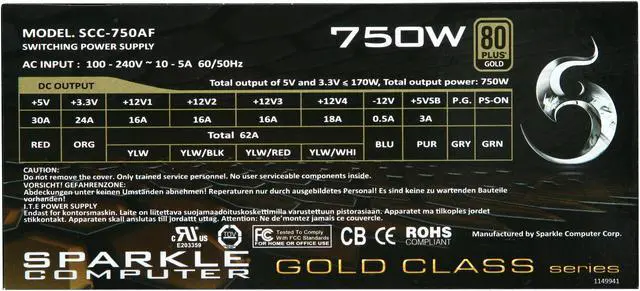 Alt view image 5 of 7 - Sparkle Computer Corp GOLD CLASS SCC-750AF 750 W ATX12V / EPS12V 80 PLUS GOLD Certified Modular Active, 0.99PF Typical PFC Power Supply