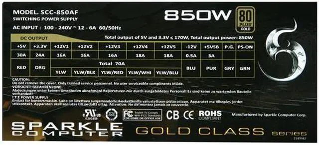 Alt view image 5 of 7 - Sparkle Computer Corp GOLD CLASS SCC-850AF 850 W ATX12V / EPS12V 80 PLUS GOLD Certified Modular Active, 0.99PF Typical PFC Power Supply