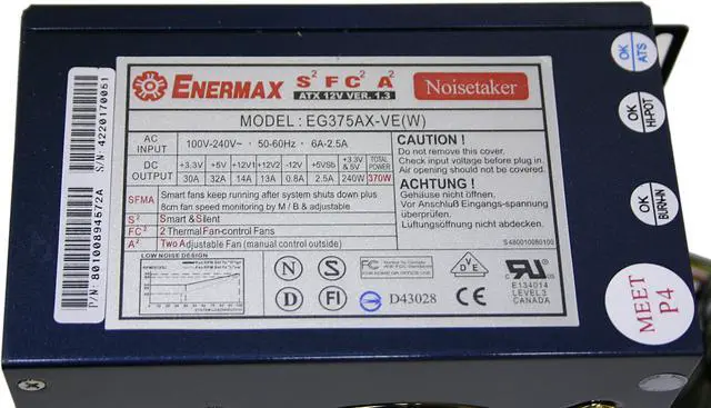 Alt view image 3 of 7 - ENERMAX Noisetaker EG375AX-VE-SFMA 370 W ATX Active PFC Power Supply