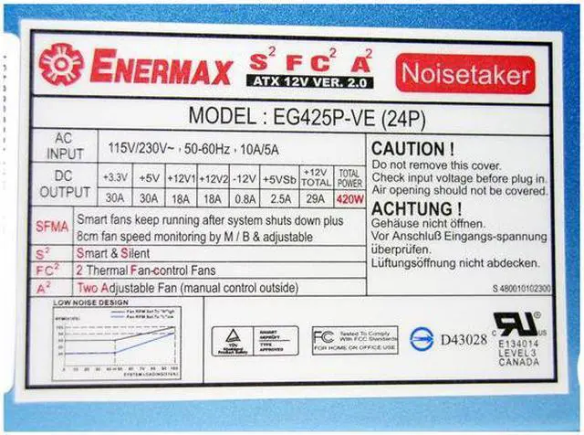 Alt view image 3 of 7 - ENERMAX Noisetaker EG425P-VE SFMA 2.0 420 W ATX12V Ver2.0 Power Supply