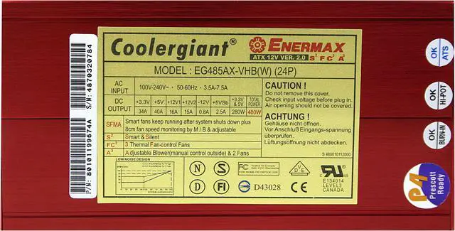 Alt view image 3 of 5 - ENERMAX Coolergiant EG485AX-VHB SFMA 2.0 480 W ATX12V Active PFC Power Supply