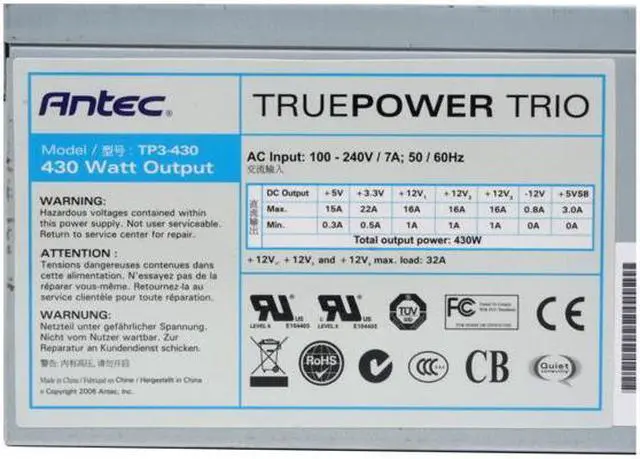 Alt view image 5 of 8 - Antec True Power Trio TP3-430 430 W ATX12V Active PFC Power Supply with Three 12V Rails
