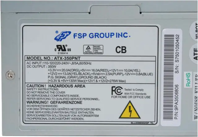 Alt view image 4 of 5 - FSP Group ATX350-PNT 350 W ATX12V v2.2 Power Supply compatible with Core i7 - OEM