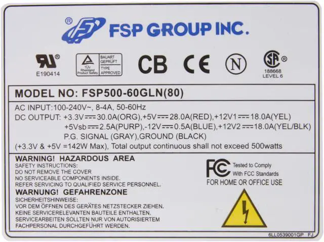 Alt view image 5 of 7 - FSP Group FSP500-60GLN(80) 500 W ATX12V Ver.2.2 / EPS V2.91 80 PLUS Certified Active PFC Power Supply - OEM