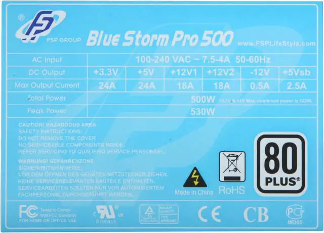Alt view image 5 of 8 - FSP Group Blue Storm Pro 500 500 W ATX2.3 / EPS 12V 2.92 80 PLUS Certified Active PFC Power Supply