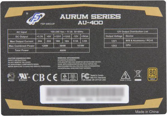 Alt view image 5 of 7 - FSP Group AURUM GOLD 400W (AU-400) ATX12V /EPS 12V 80PLUS GOLD Certified Power Supply with Intel Hawell Ready