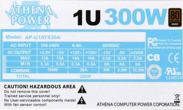 Alt view image 6 of 6 - Athena Power AP-U1ATX30A 1U 300W Server Power Supply