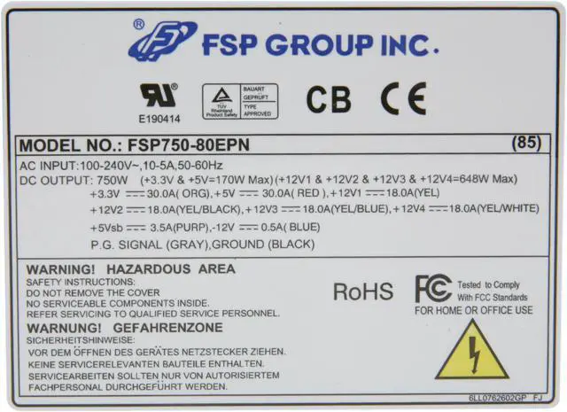 Alt view image 5 of 7 - FSP Group FSP750-80EPN(85) 24Pin 750W Single Server Power Supply - 80 Plus Bronze - OEM