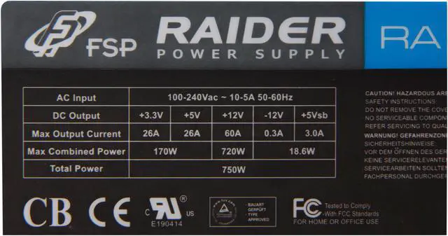 Alt view image 5 of 7 - FSP Group RAIDER 750W (RAIDER 750) ATX12V2.92 SLI Certified 80PLUS BRONZE Certified +12V Single rail Power Supply compatible with Intel Haswell Certified