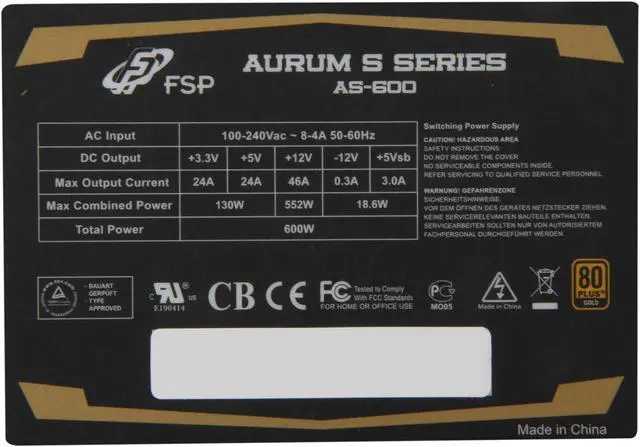 Alt view image 6 of 8 - FSP Group AURUM S 600W ATX12V / EPS12V SLI Ready CrossFire Ready 80 PLUS GOLD Certified Active PFC Power Supply