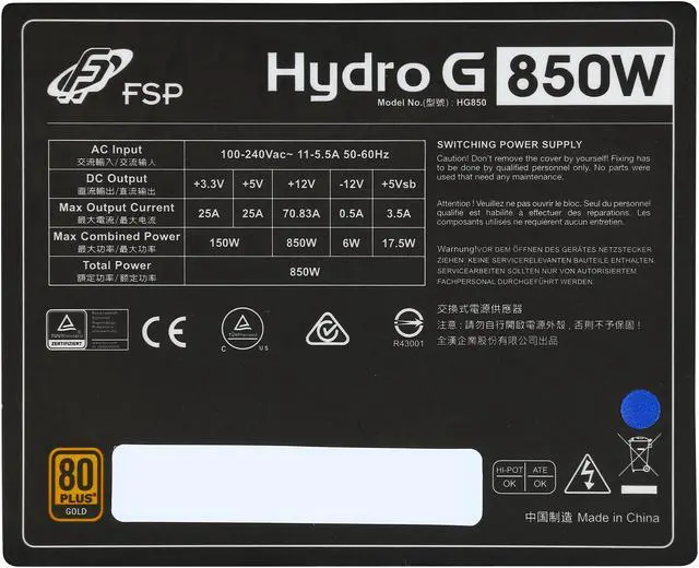 Alt view image 7 of 7 - FSP Group Hydro G Series HG850 850 W ATX12V / EPS12V SLI CrossFire Ready 80 PLUS GOLD Certified Full Modular Active PFC Power Supply