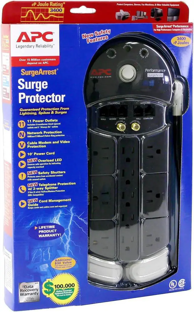 Alt view image 5 of 5 - APC PF11VNT3 10 ft. 11 Outlets 3400 joules Power Surge Protector w/ Phone line, Coax & Ethernet Protection
