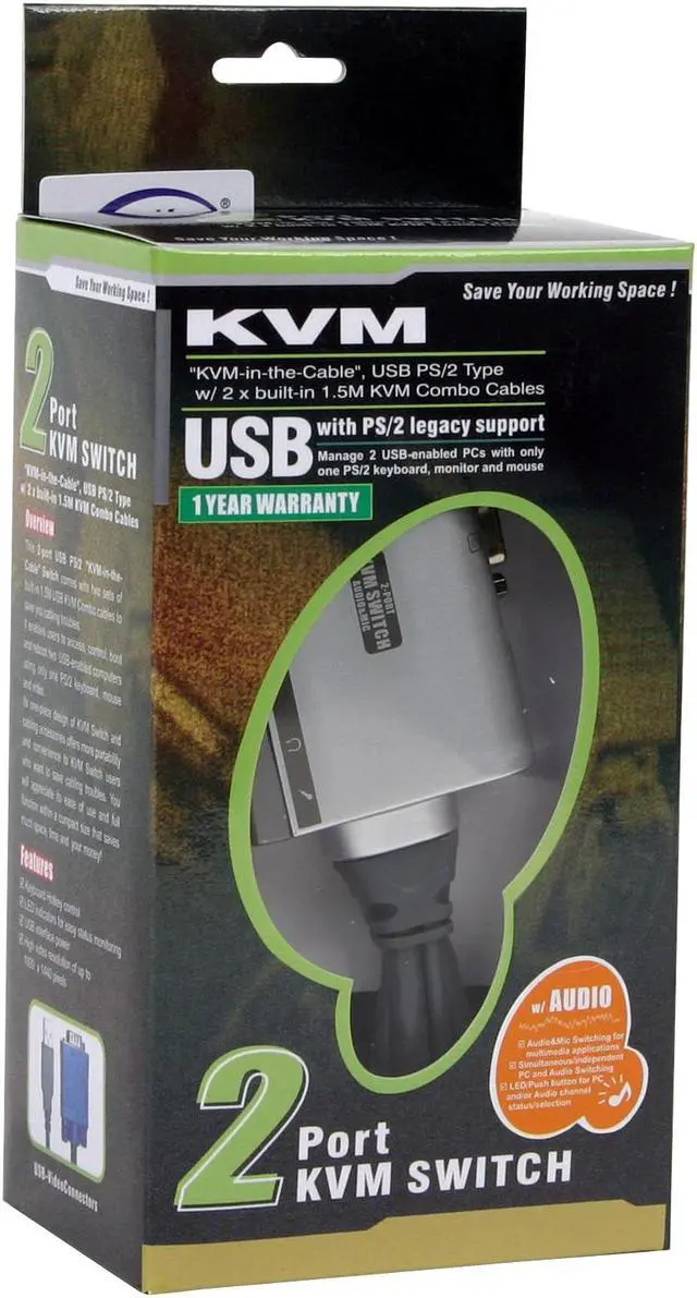 Alt view image 5 of 5 - LINKSKEY LKU-A02 USB KVM-in-the-Cable Switch w/ Audio & Mic and built-in Cables