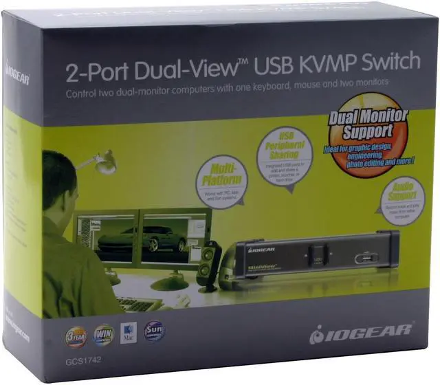 Alt view image 5 of 5 - IOGEAR GCS1742 2-Port Dual View KVM Switch w/Audio and USB Peripheral Sharing