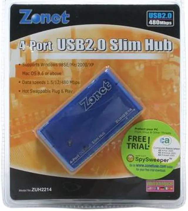 Alt view image 2 of 2 - Zonet ZUH2214 4-Port USB 2.0 Slim Hub w/ Power Adapter