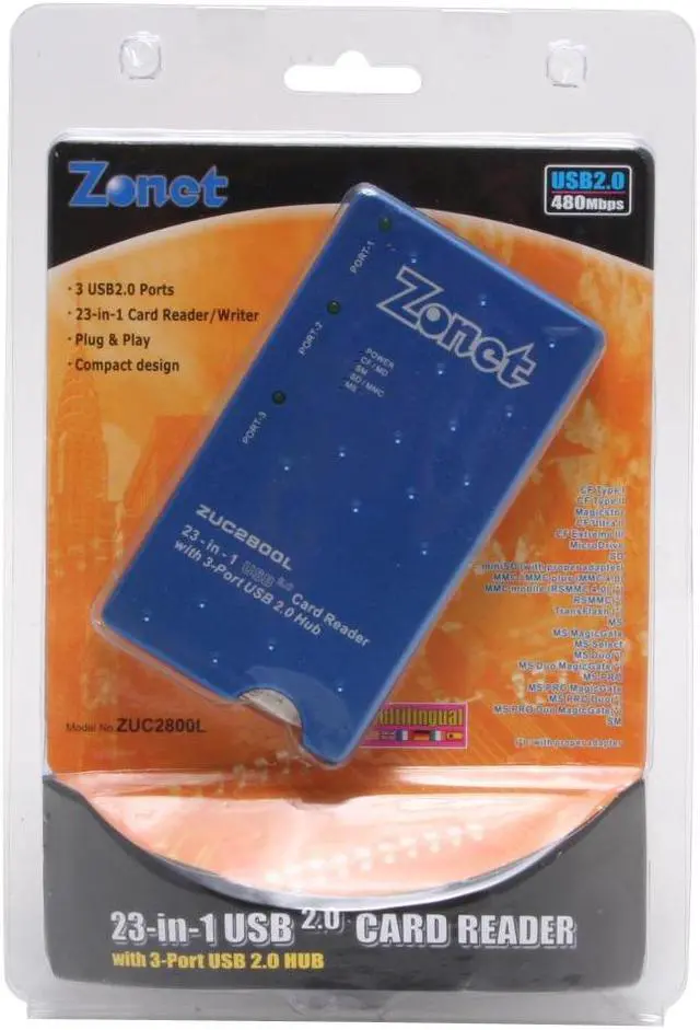 Alt view image 7 of 7 - Zonet ZUC2800L 23-in-1 USB 2.0 CardReader w/3pt USB 2.0 Hub